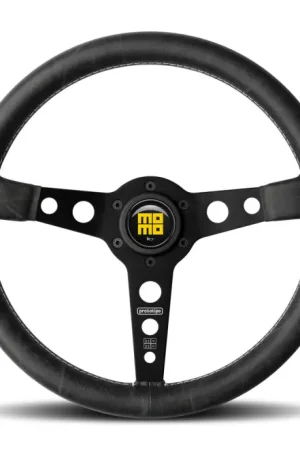 High Quality Momo Prototip Heritage Steering Wheel 350 mm - Black Leather/White Stitch/Black Spokes