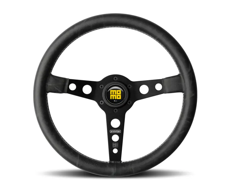 High Quality Momo Prototip Heritage Steering Wheel 350 mm - Black Leather/White Stitch/Black Spokes