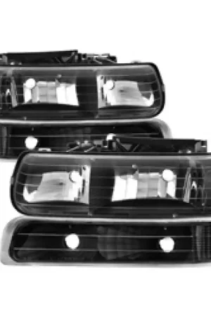 Holiday Sale xTune Chevy Tahoe 00-06 Amber Crystal Headlights w/ Bumper Lights Black HD-JH-CSIL99-SET-AM-BK