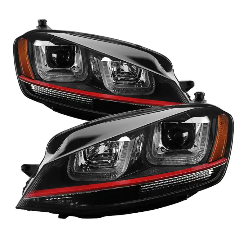 Limited Time Spyder Volkswagen Golf VII 14-16 Projector Headlights DRL LED Red Stripe Blk PRO-YD-VG15-RED-DRL-BK